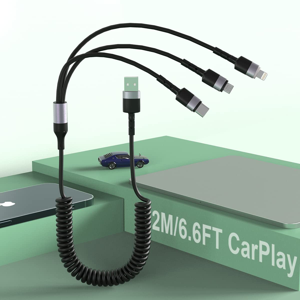 Universal 3-in-1 Coiled Car Charger Cable by MTAKYI