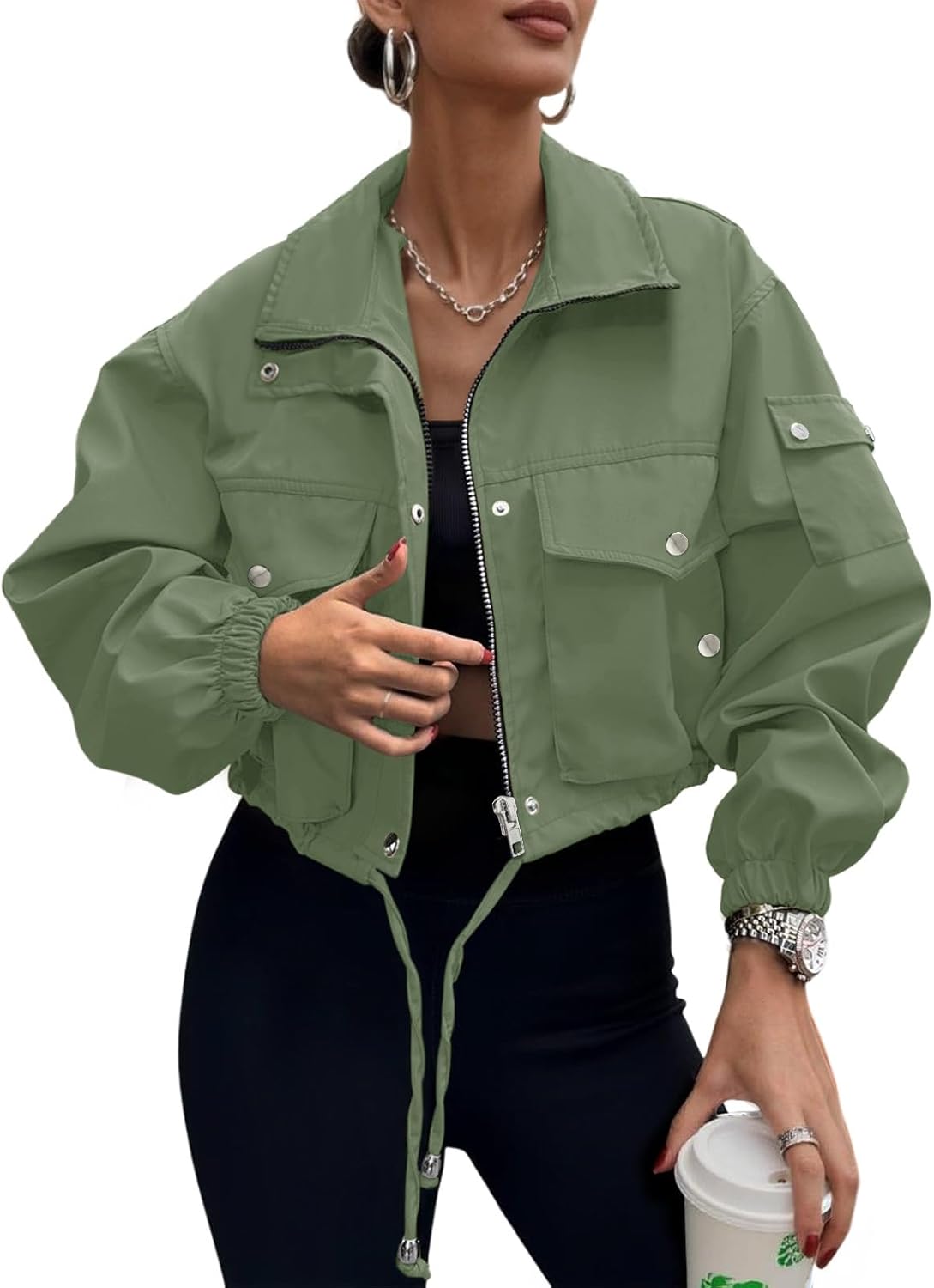 Womens Cropped Bomber Jacket - Trendy Zip Up Utility Coat