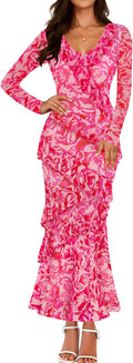 ZESICA Fall Floral Long Sleeve Maxi Dress - Elegant Ruffle Tiered Fit
