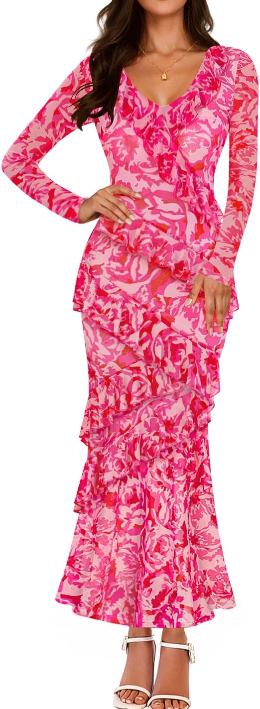 ZESICA Women's Floral Long Sleeve Maxi Dress for Fall Events