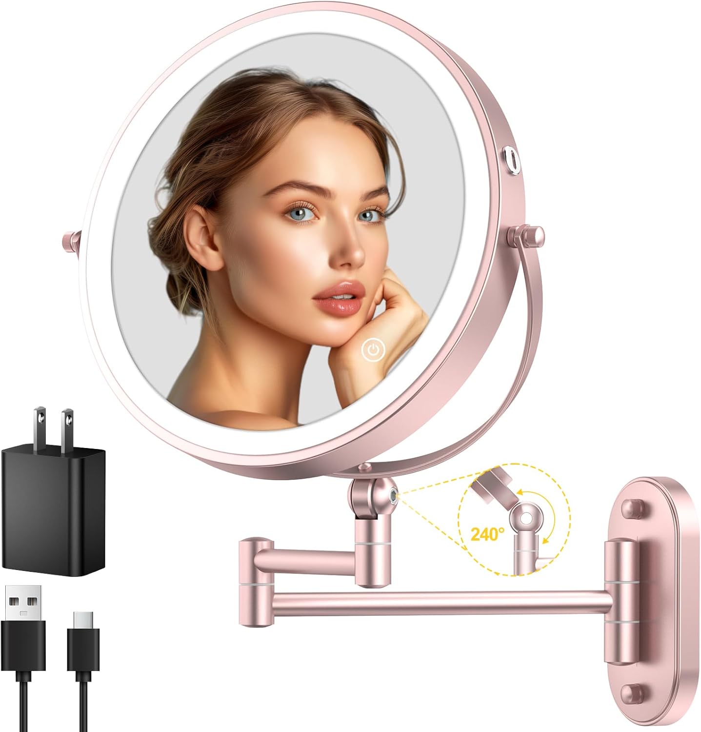 9in Wall Mounted Lighted Makeup Mirror with 360 Rotation Arm