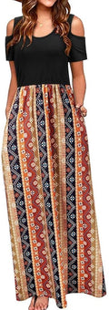 STYLEWORD Women's Summer Maxi Cold Shoulder Floral Dress - With Pocket
