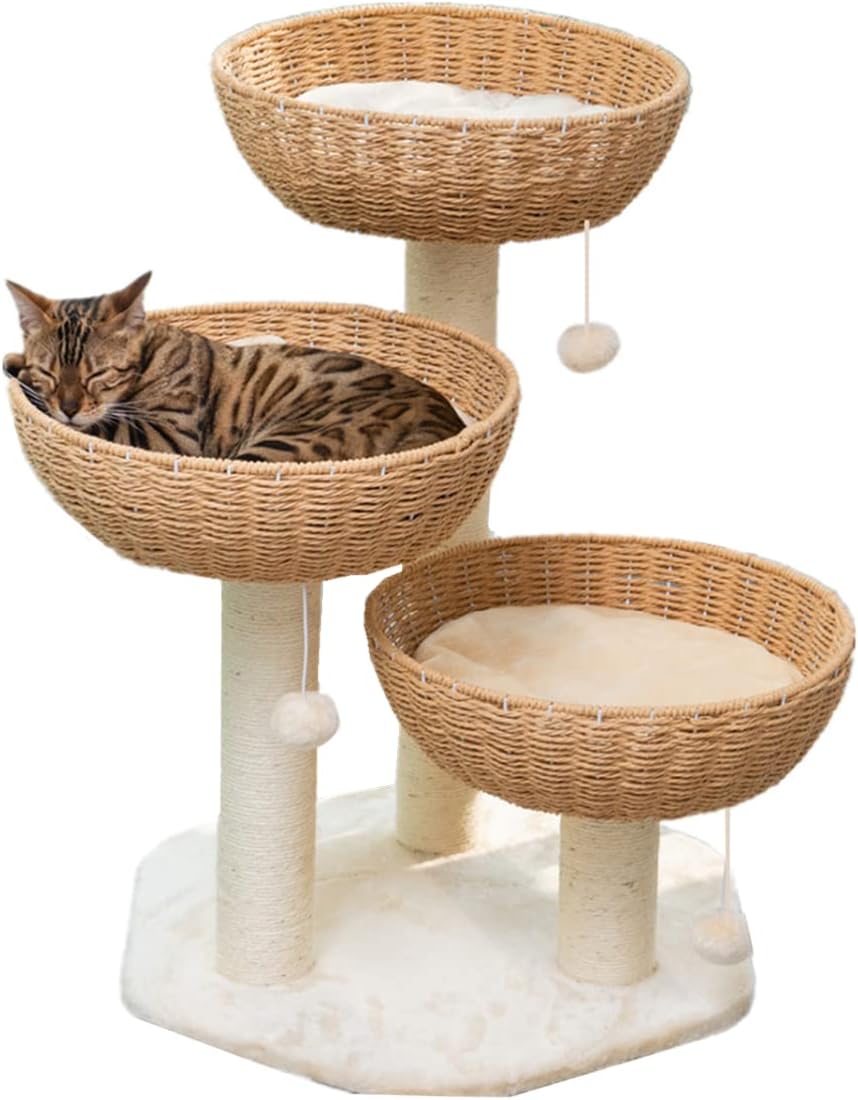 SHENGOCASE Cat Tree Tower with Rattan Wicker Basket for Cats