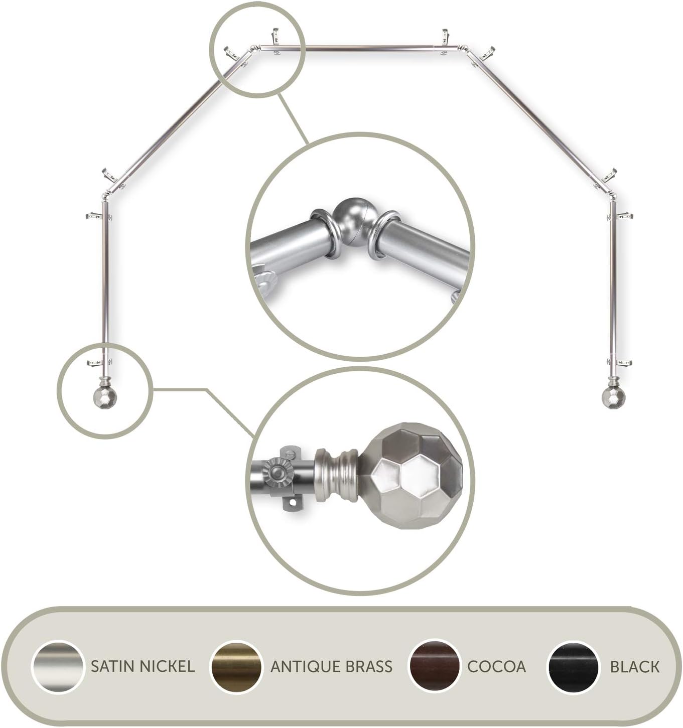 Bay Window Curtain Rod - 5-Sided Design, Elegant Satin Nickel Finish