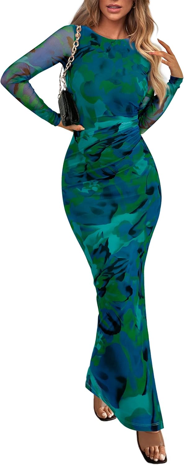 Bodycon Maxi Dress for Women - Floral Print Long Sleeve Style