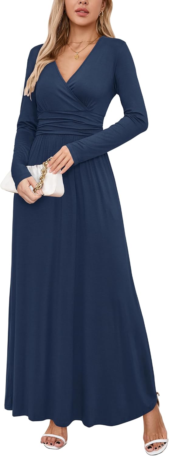 OUGES Women's V-Neck Wrap Waist Maxi Dress for All Occasions