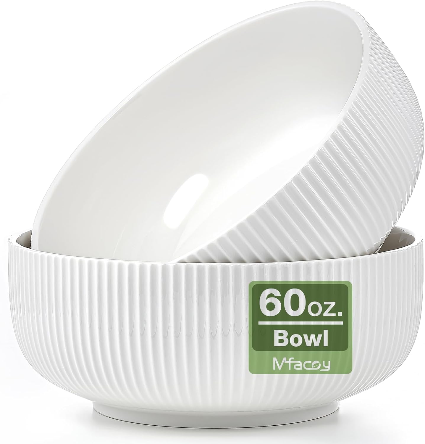 Large 60 oz Salad Bowls, Set of 2 - White Ceramic, Dishwasher & Microwave Safe