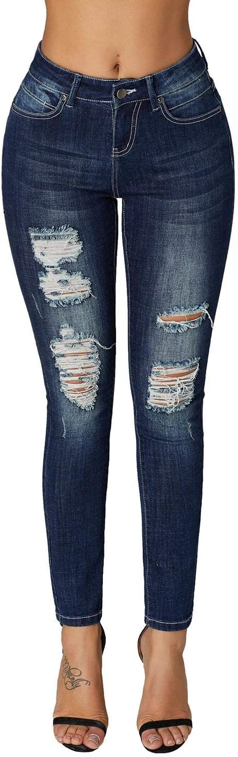 Roswear Women's Ripped Mid Rise Skinny Jeans for Stylish Comfort