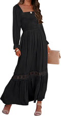 ZESICA Women's Boho Square Neck Smocked Maxi Dress - Lace Trim