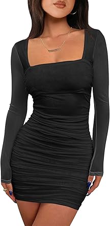 ANRABESS Women's Square Neck Mesh Ruched Bodycon Mini Dress
