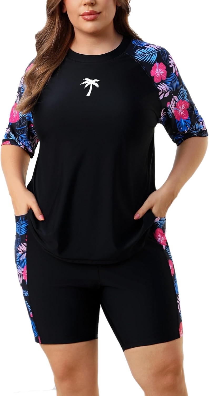 Halcurt Women's Plus Built in Bra Rash Guard Two Piece Set