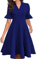 Mokayee Womens V Neck Ruffle Sleeve Fit and Flare Dress - With Pockets