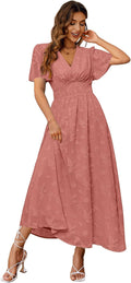 Simplee Women Boho Floral Maxi Dress - Flowy V Neck Short Sleeve