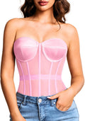 Sheer Mesh Overbust Corset - Strapless Satin Lace Up Corset Top Shoes
