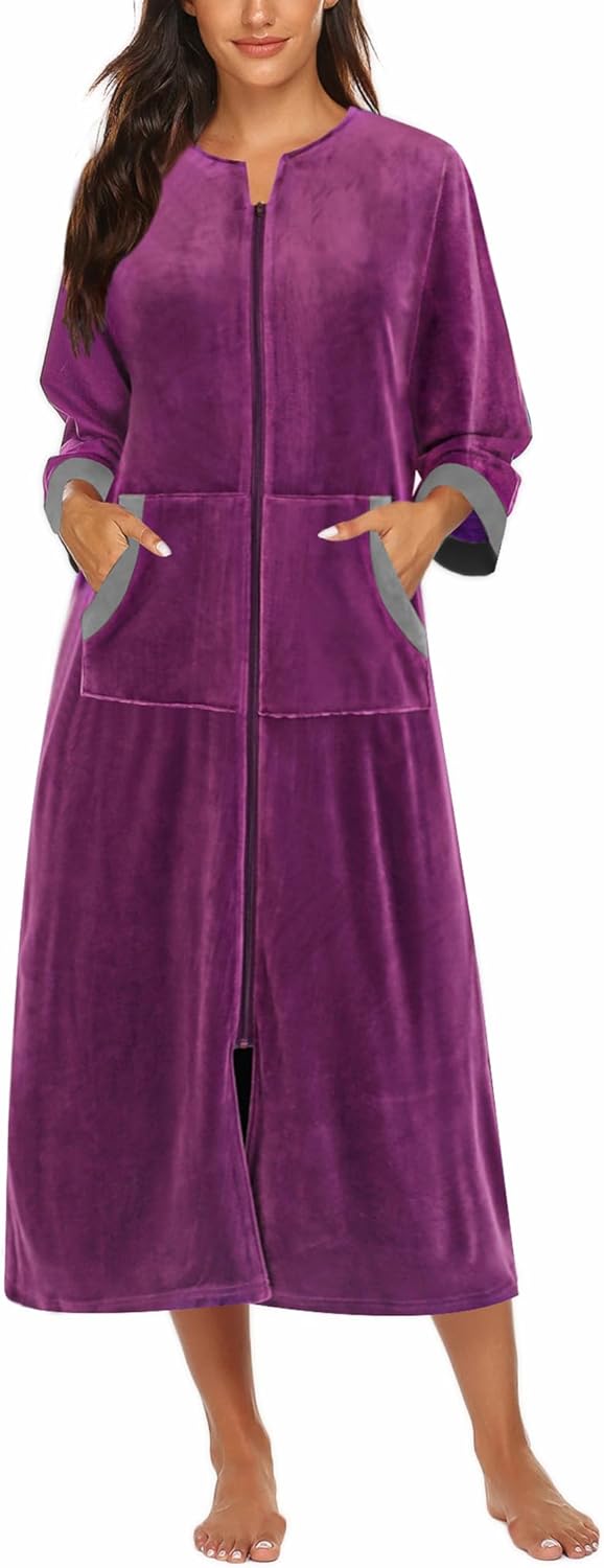 Ekouaer Velour Zipper Robe for Women with Pockets and Comfort
