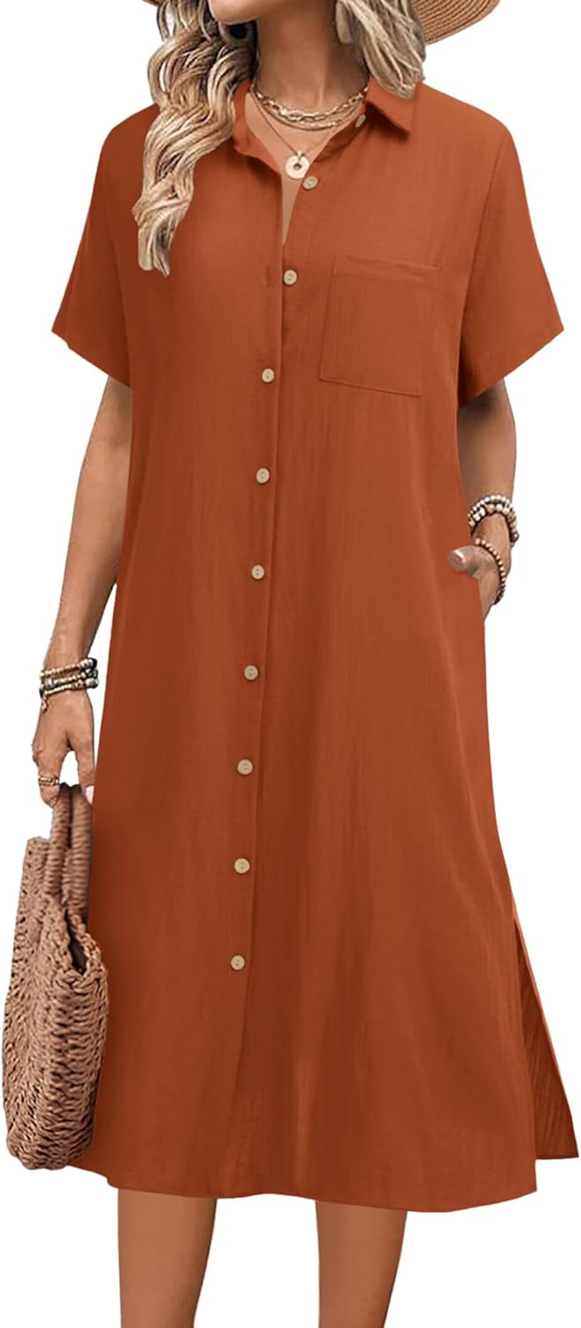 HOTOUCH Womens Summer Dress Casual Midi Short Sleeve Shirt