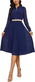 Business Casual Shirt Dress for Women - Pleated Midi with Belt