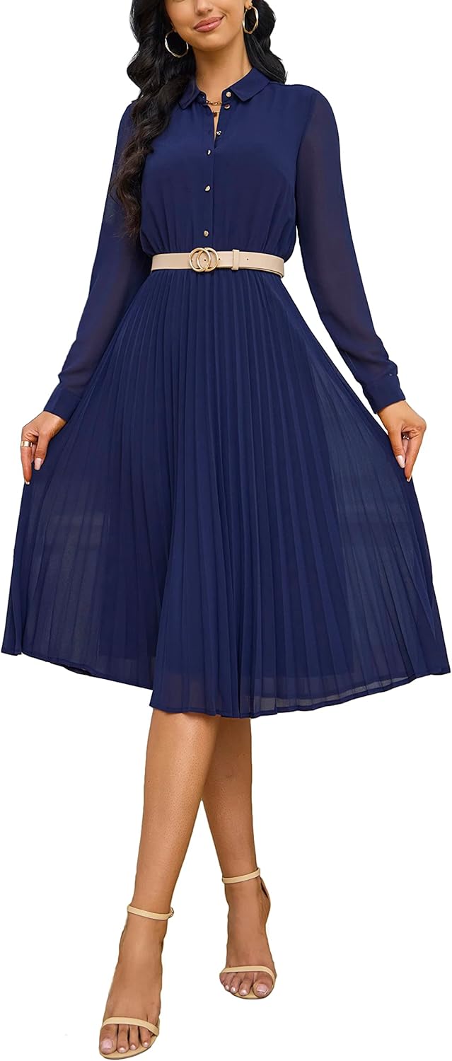 Business Casual Shirt Dress for Women with Pleated Midi Design
