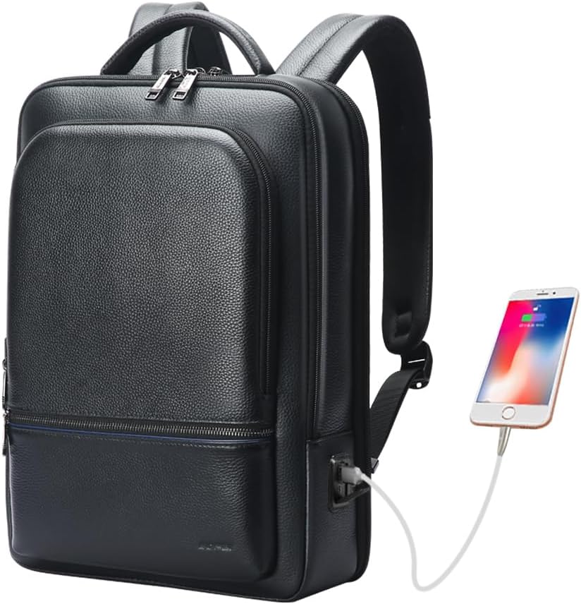 BOPai Genuine Leather Backpack for Men with USB Charging