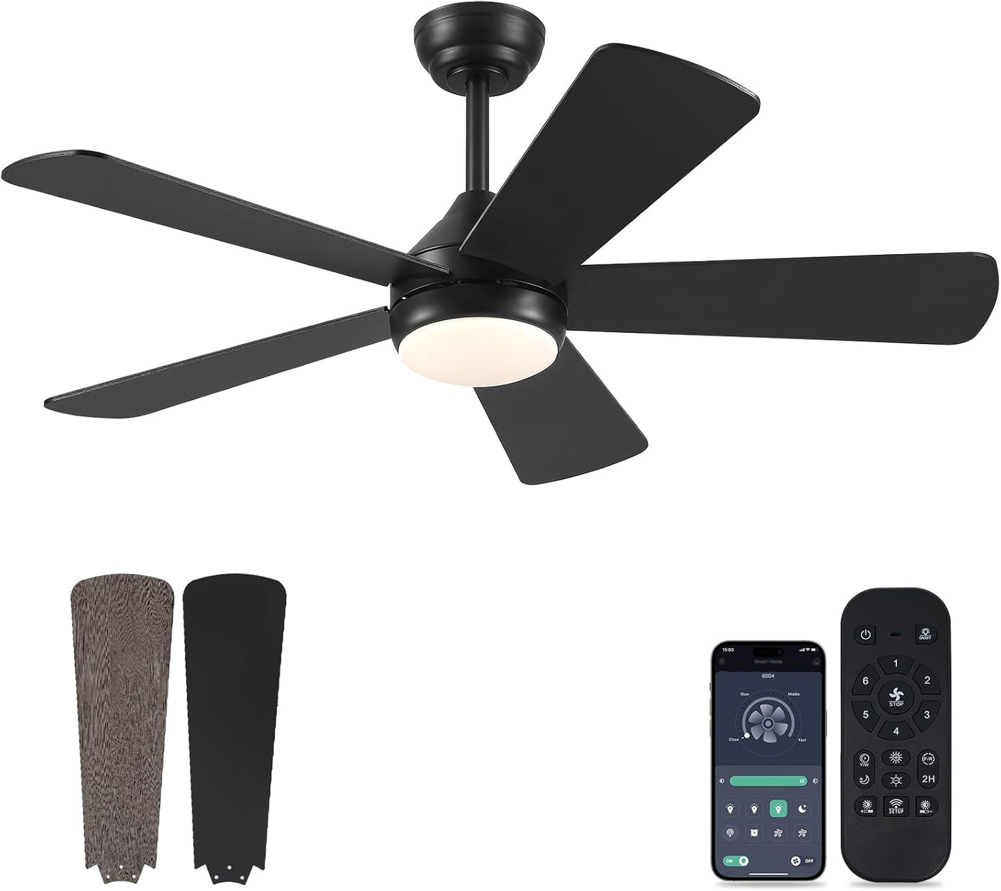 Asyko 46In Ceiling Fans with Lights - Modern Black Fan with Remote