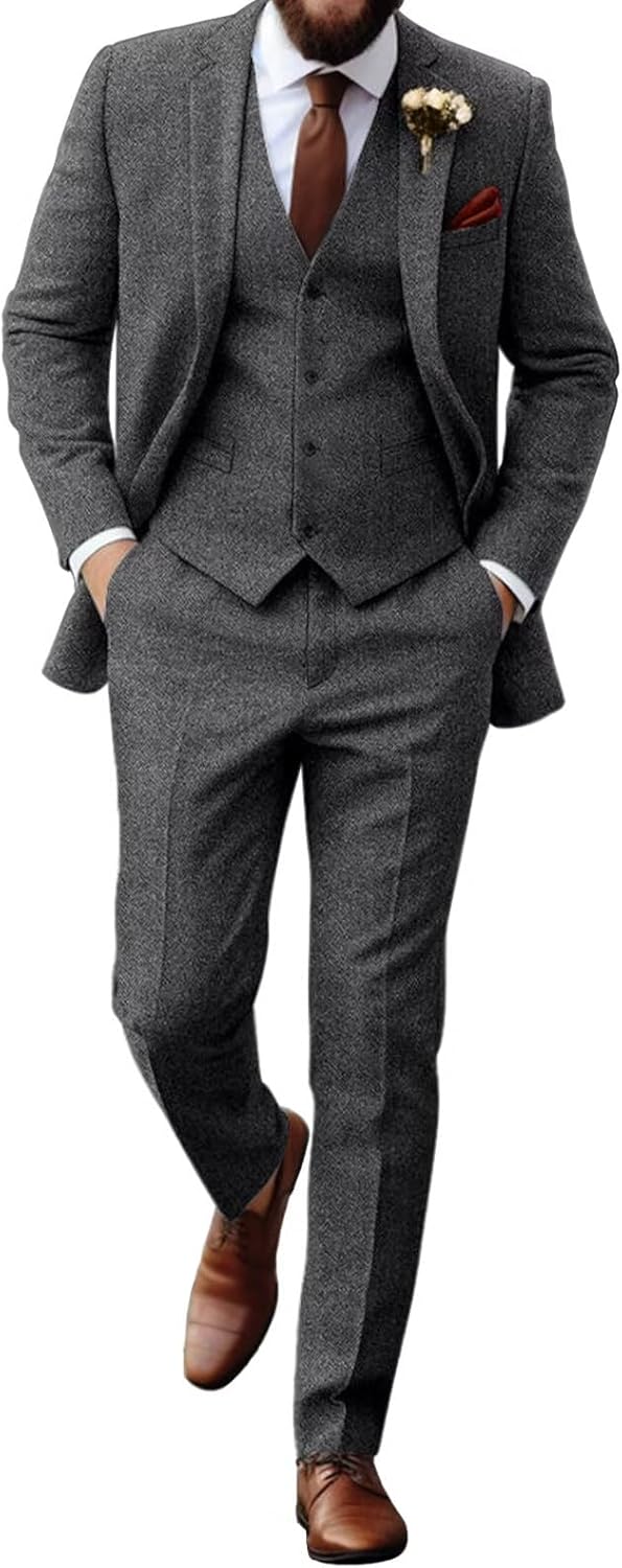 Retro Tweed Herringbone Suit for Men Slim Fit 3 Pieces Set