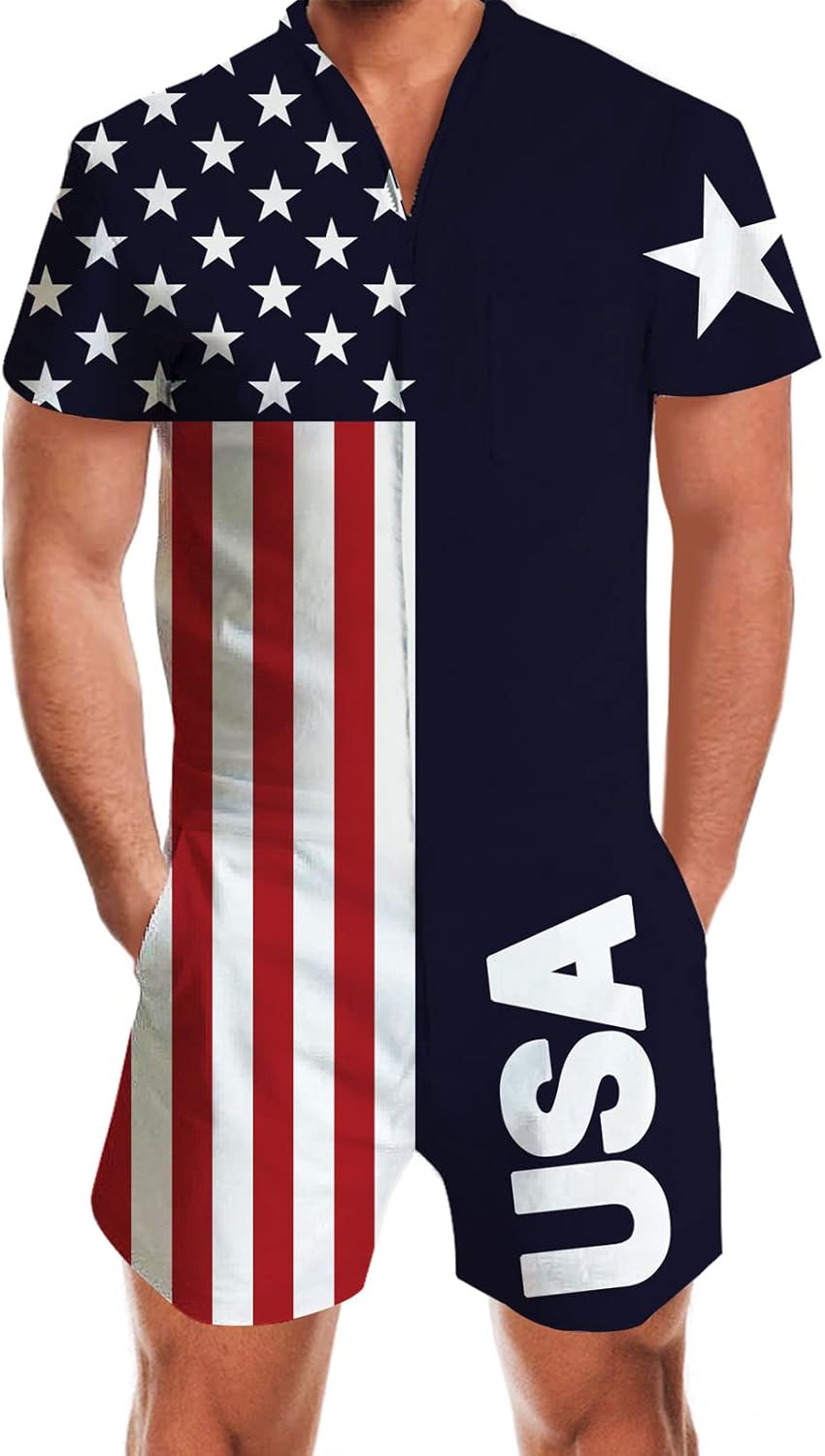 Goodstoworld Male Hawaiian Romper Slim Fit Jumpsuit with Pocket