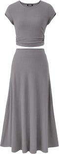 Women Two Piece Skirt Set Summer 2025 - Ribbed Knit Crop Top & Midi