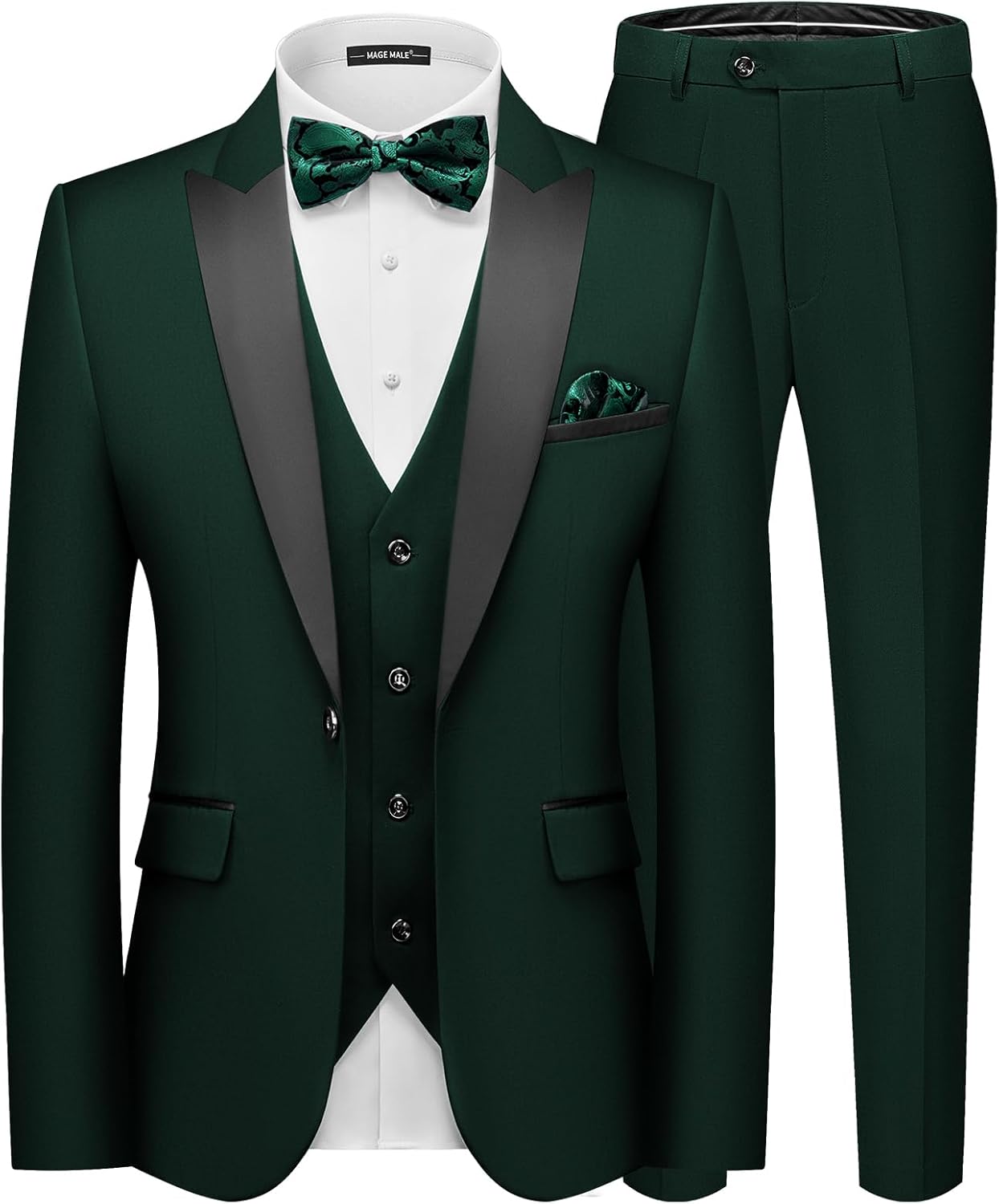 MAGE MALE Men's Slim Fit 3 Piece Suit with Tie and Pocket Square
