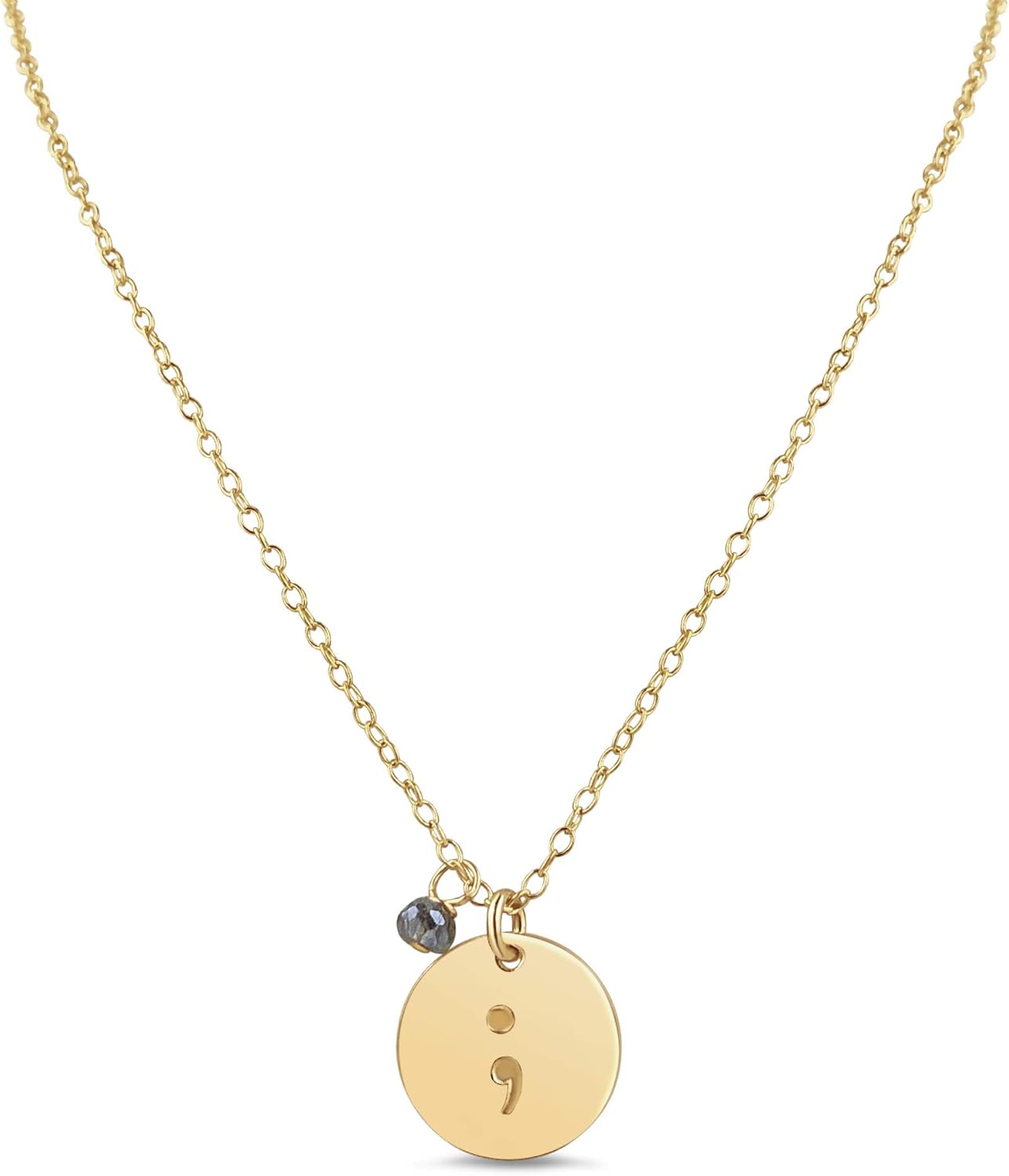 Handmade Gold Semicolon Gemstone Charm Necklace for Strength