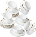 White Tea Cups and Saucers Set of 12 (7 oz) - Elegant Gold Trim