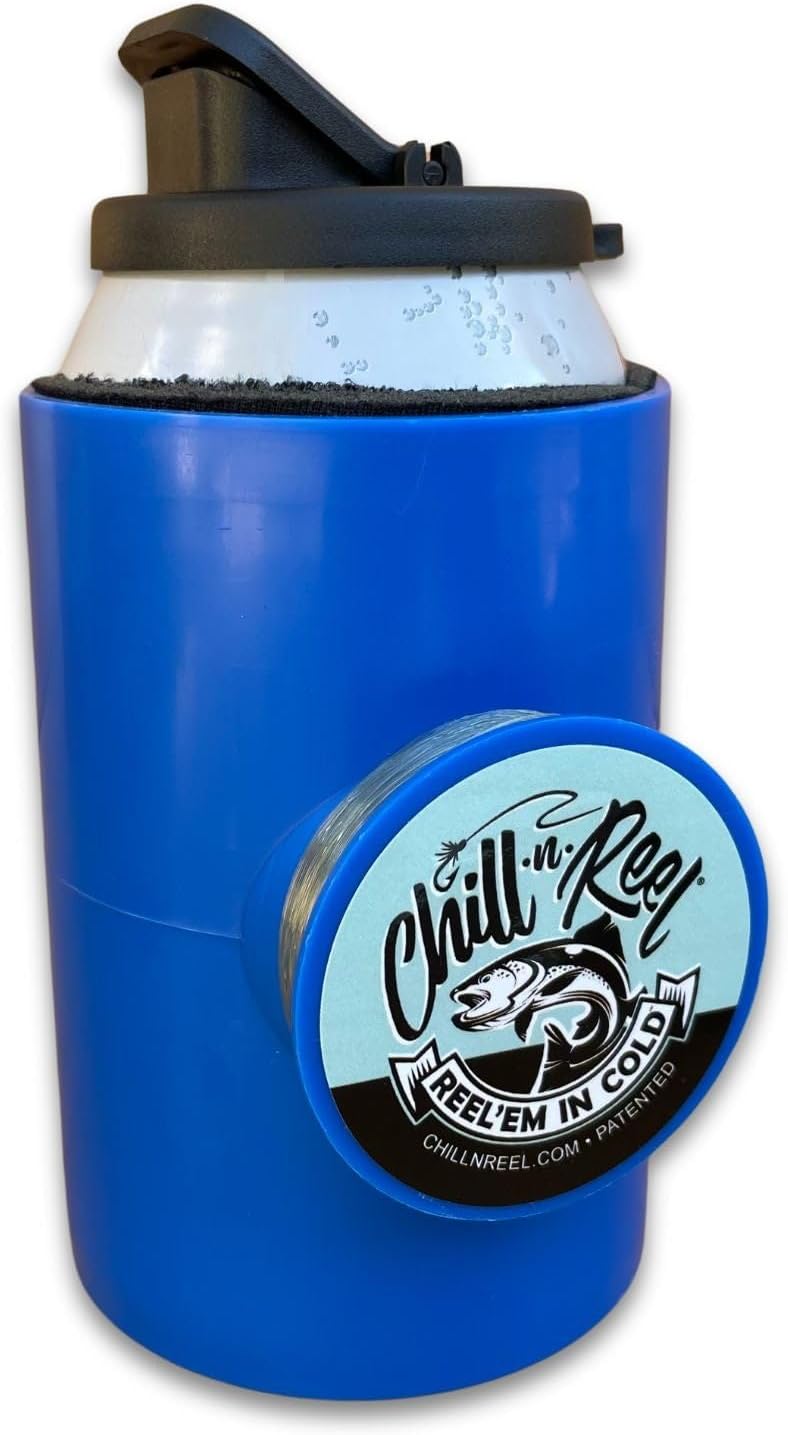 Chill-N-Reel Can Cooler | Fishing Gifts for Men | Spill Guard Blue
