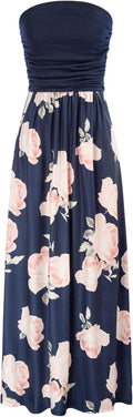 Women Strapless Casual Ruched Long Maxi Dress with Pockets - Flowy Fit