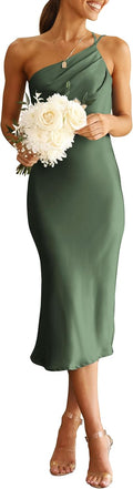Women's Midi Satin One Shoulder Spaghetti Strap Dress - Flattering Fit