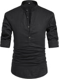 Men Henley Neck Long Sleeve Linen Shirt - Lightweight Daily Fit
