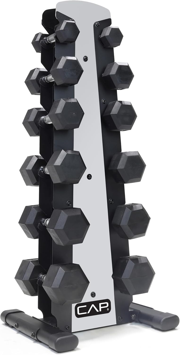 CAP Barbell 210 LB Rubber Coated Hex Dumbbell Set with Rack