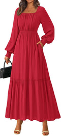 Casual Fall Maxi Dress with Smocked Empire Waist - Flowy Long Sleeve