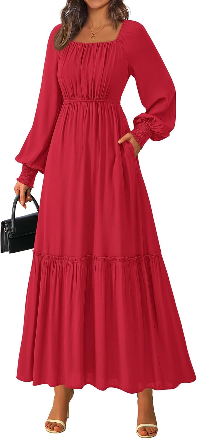 KIRUNDO Casual Fall Dresses for Women - Flowy Long Sleeve Maxi