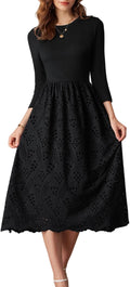 Womens Eyelet A-Line Midi Dress with Pockets - Flowy Empire Waist