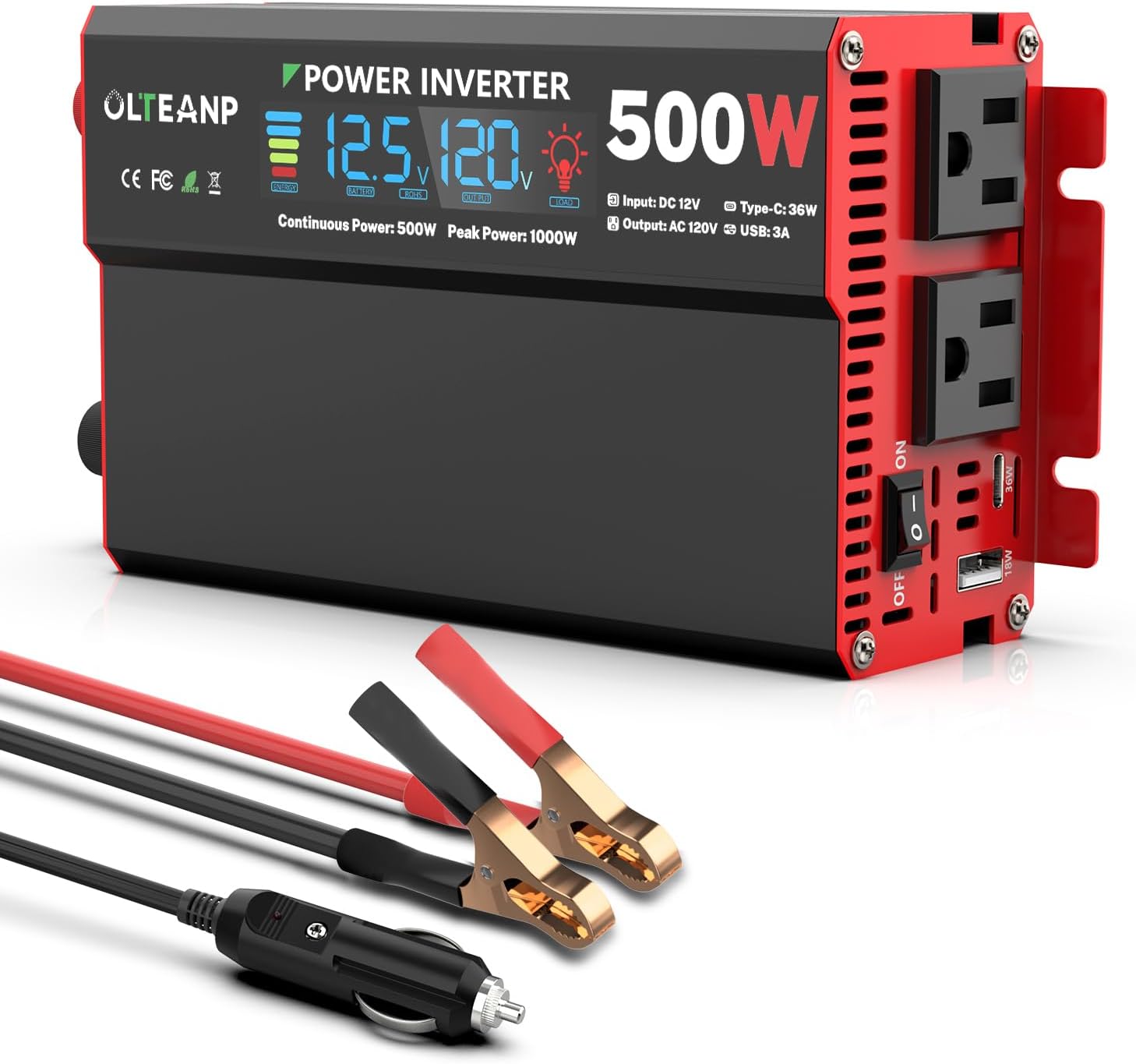 500 Watt Power Inverter with LCD Display and Dual AC Outlets