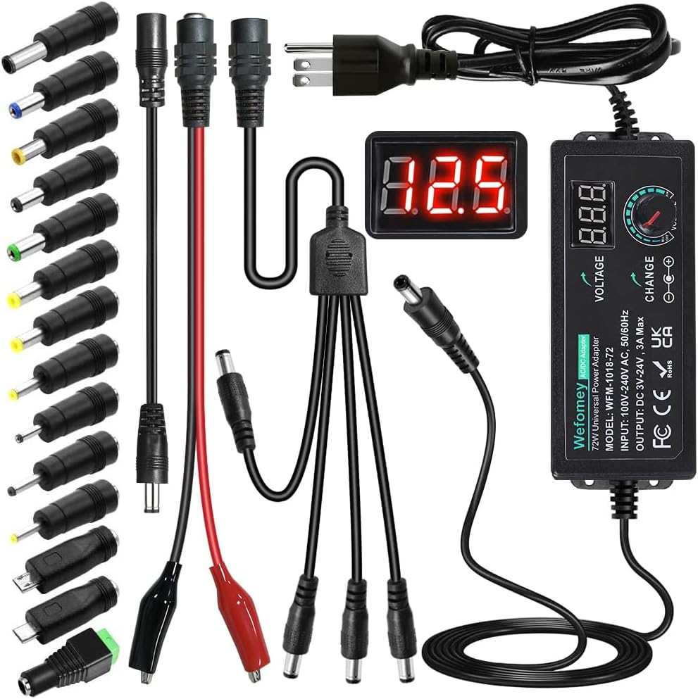 Adjustable Universal Power Supply: 3V-24V 3A with 14 Tips