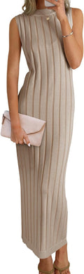 Wenrine Womens Sleeveless Ribbed Knit Mock Neck Maxi Dress - Versatile