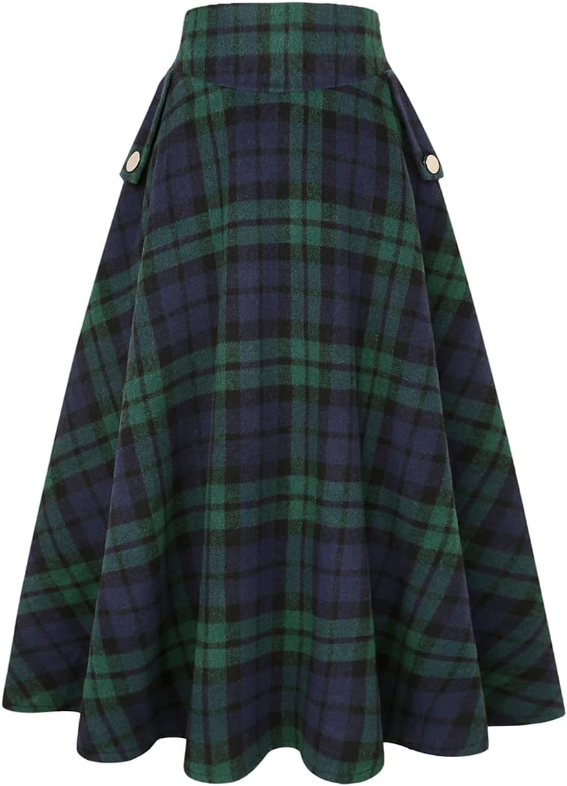 IDEALSANXUN Womens High Waisted Wool Plaid A-line Long Skirt