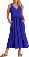 Womens Summer Maxi Dress Fit & Flare V Neck Sleeveless - With Pockets