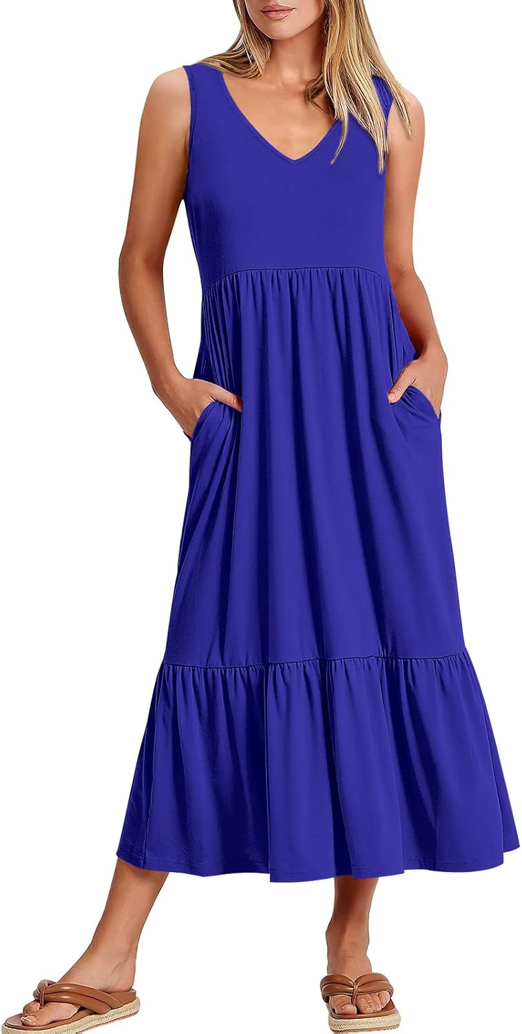 Womens Summer Maxi Dresses Fit & Flare Flowy V Neck Sleeveless