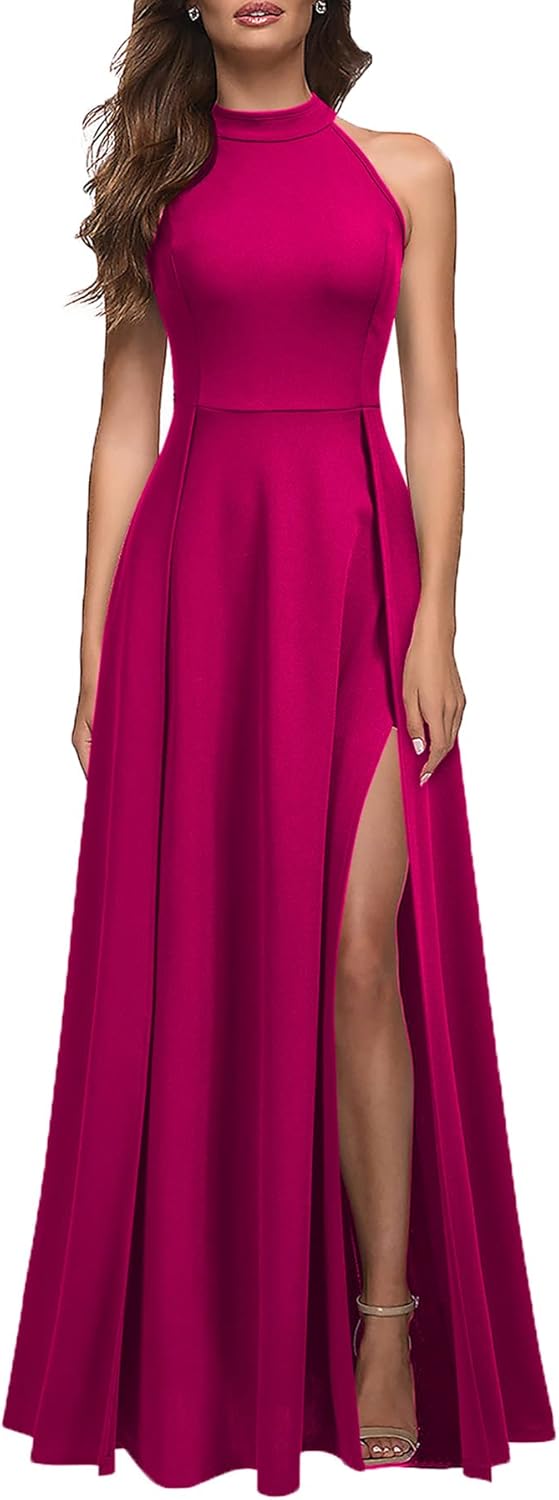 MUSHARE Women's Halter Neck Sexy Split Cocktail Maxi Dress