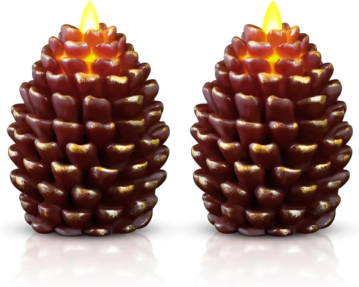 Christmas Pinecone Candles Flameless Set of 2 for Holiday Decor