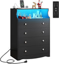 WLIVE Black LED Dresser with 4 Drawers and Charging Station