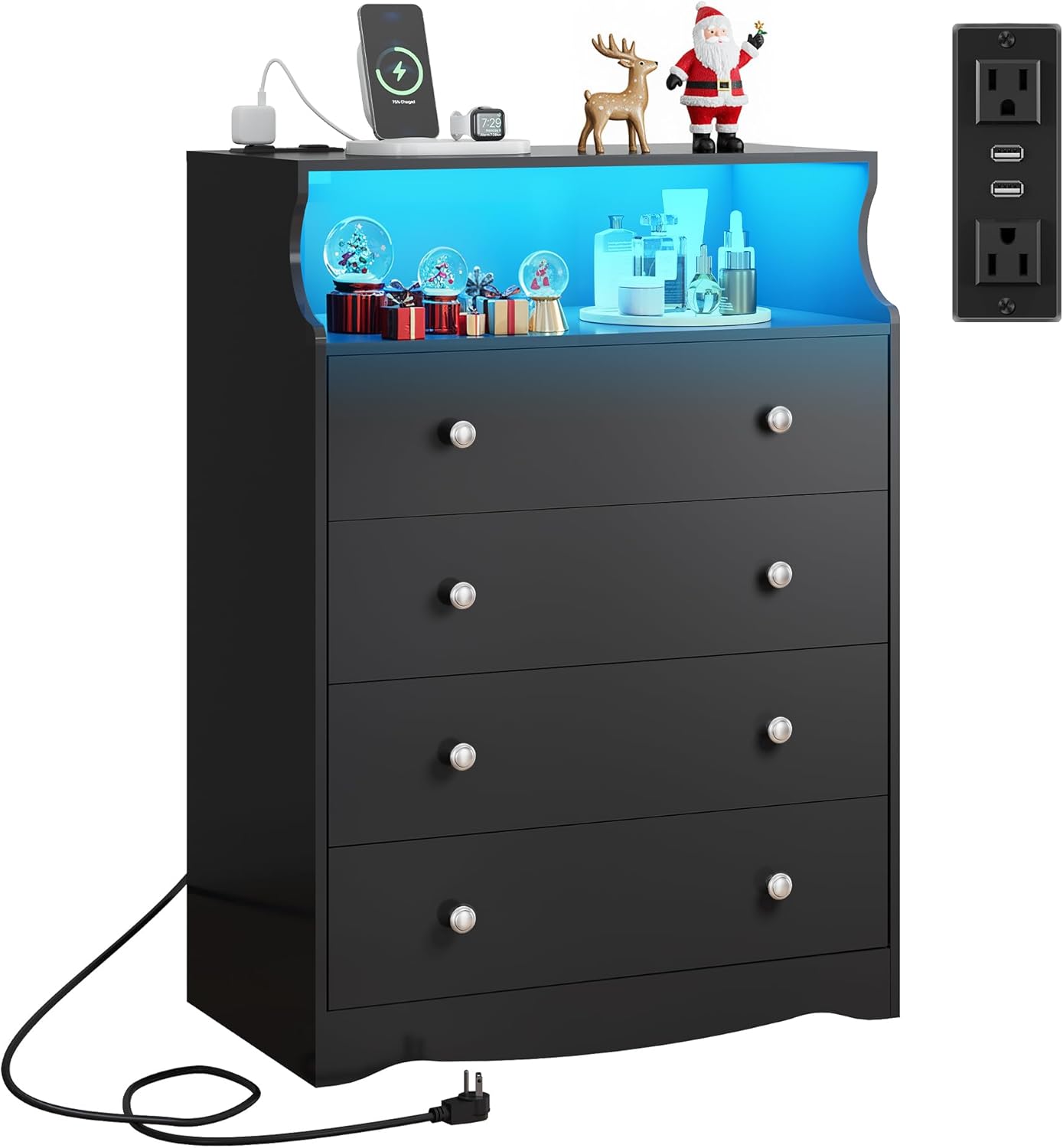WLIVE Black LED Dresser with 4 Drawers and Charging Station