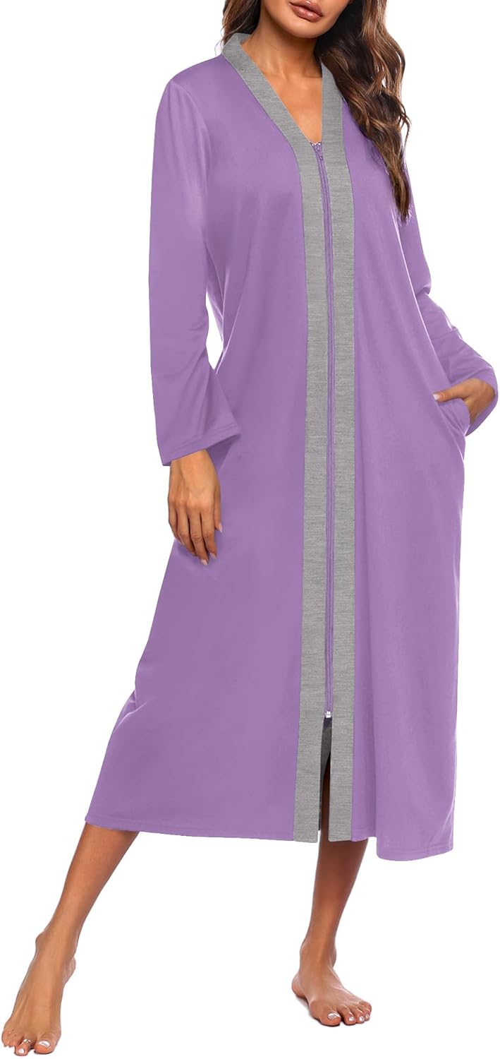 Ekouaer Women Zipper Robe Long Sleeve Lightweight Housecoat