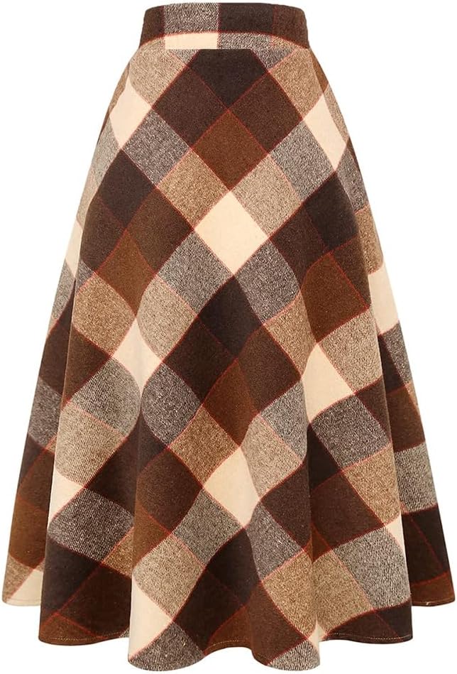 Long Plaid Wool Skirt for Womens Winter Fall Warm High Waist